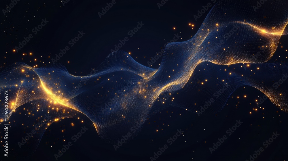 Poster abstract luminous wave pattern with glowing particles on dark background