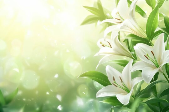 Lillies Blooming in Easter Garden. Beautiful White Lilium Candidum Flowers on Sunny Day
