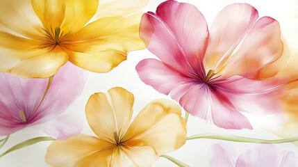 Fototapeta premium Vibrant watercolor tulips in soft hues of pink and yellow