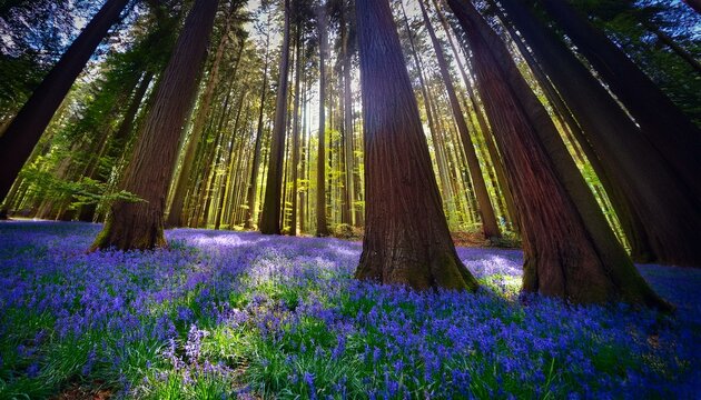 purple carpet of blooming bluebells framed by trunks of the giant sequoia trees in the hallerbos forest halle belgium europe - Powered by Adobe