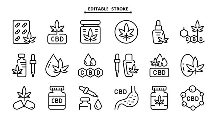 Cannabis or Hemp Logo Template. Editable stroke. Simple Flat Icons Set. Vector image of a leaf of marijuana. The isolated picture on white