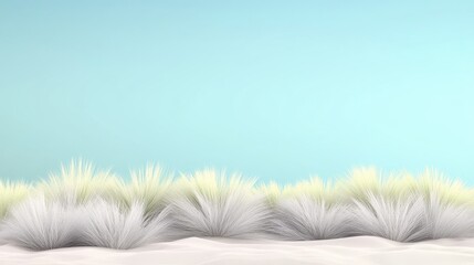 Pastel toned desert landscape with sparse grassy plants and blue sky