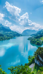 Naklejka premium A panoramic view of a picturesque turquoise lake surrounded by stunning mountain landscapes, showcasing the beauty of nature.