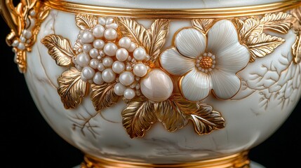 Ornate porcelain vase, detailed floral and pearl design,  black background