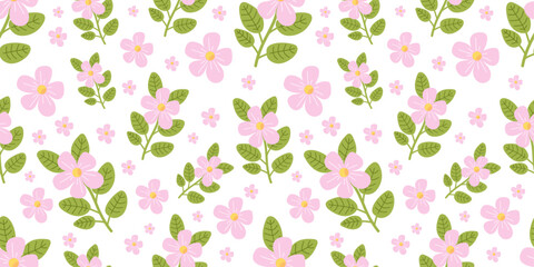 Spring Floral pattern with hand-drawn pink flowers and green leaves on white background. Cute illustration in soft pastel colors and vector flat style. For prints, wrapping paper, cards.