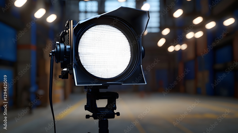 Poster bright spotlight positioned in an industrial setting with soft lighting and a blurred background cre