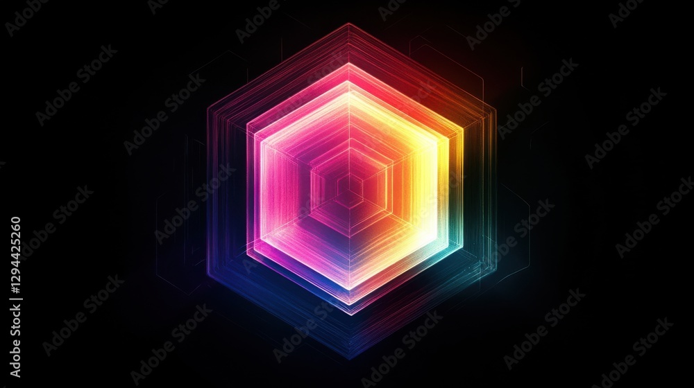 Poster abstract geometric design with vibrant hexagonal shape on black