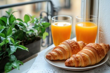 Delicious croissants and fresh orange juice on a plate near a window creating a bright morning breakfast scene with a plant and a balcony in the background