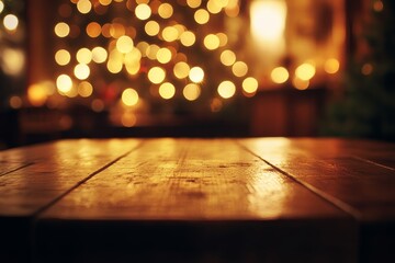 Charming cafe interior featuring empty wooden table and warm bokeh background for displays