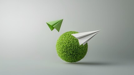 Obraz premium Vibrant 3D visualization of a dynamic paper airplane orbiting a lush eco friendly globe a symbol of responsible growth carbon neutrality and environmental awareness in the modern world