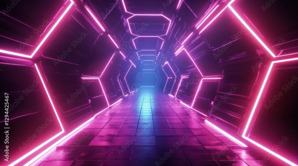 Poster futuristic neon tunnel with abstract hexagonal design and lights