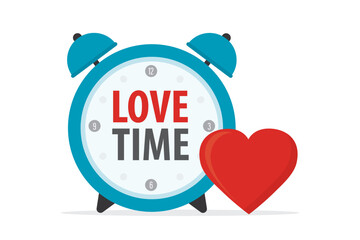 Love and Valentine concept, red heart and alarm clock. Time to love. Timepiece colored isolated on white background