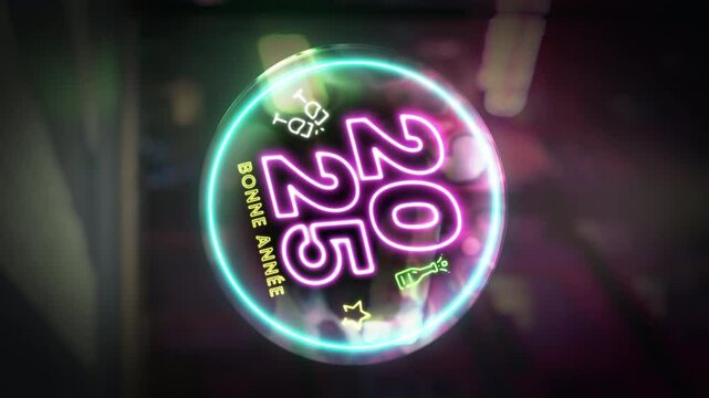 Bonne annee 2025. Happy New Year 2025. Colourful neon lights and digits. French text outline in a transparent glass ball. Blurred city vertical celebration background.