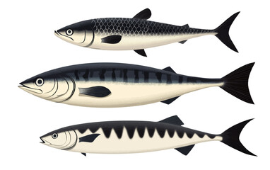 A collection of vintage-style vector illustrations of mackerel fish, designed in an intricate pen and ink engraving technique