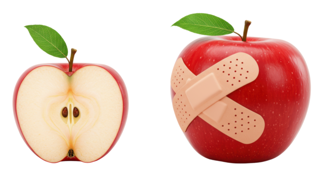 Isolated Conceptual Pair of Apples: One Whole with Bandage, One Cut