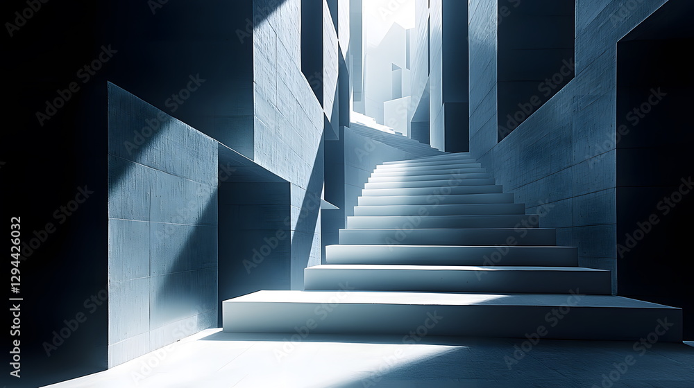 Poster staircase leading to illuminated space with geometric walls and shadows creating an ethereal atmosph