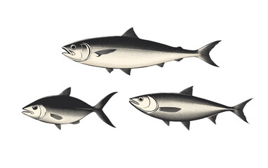 Obraz premium A high-resolution set of black and white vector illustrations of three mackerel fish icons