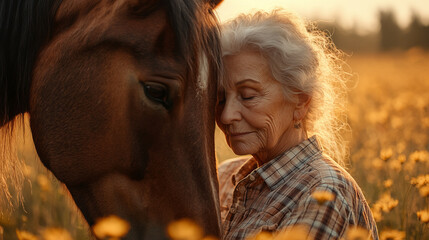 Beautiful elderly woman with a horse in a flowering field