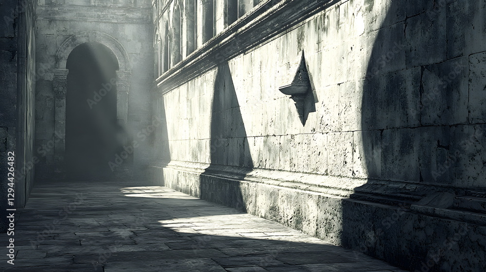 Poster dimly lit cobblestone path between ancient stone walls with dramatic shadows and atmospheric fog in 