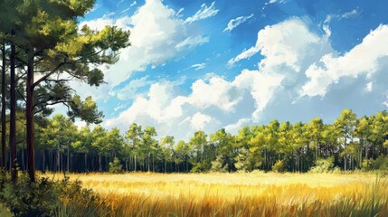 Fototapeta premium Long Leaf Pine in Savannah Woodland under Sunny Blue Sky