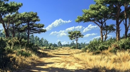 Fototapeta premium Long Leaf Pine Savannah. A Sunny Day in the Woodland Forest under Blue Sky