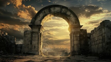 Obraz premium Keystone of Ancient Stone Arch: Old Limestone Architecture in the Sky