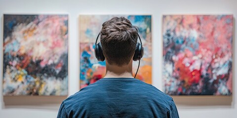 Minimal back view of man wearing headphones looking at abstract paintings visiting modern art gallery