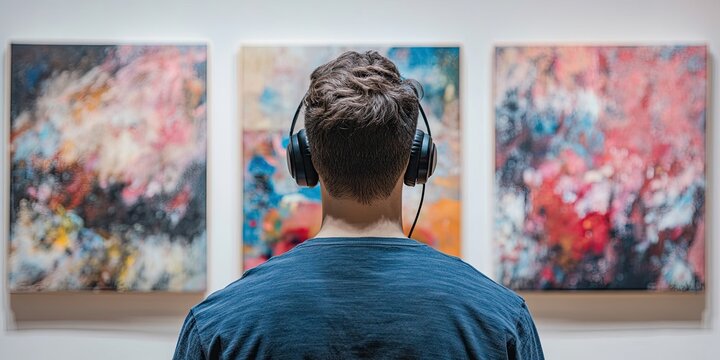 Minimal back view of man wearing headphones looking at abstract paintings visiting modern art gallery