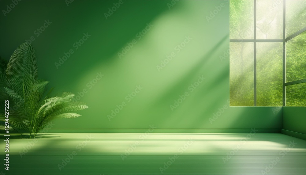 Wall mural abstract green studio background for product presentation empty room with shadows of window display 