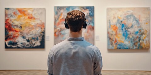 Minimal back view of man wearing headphones looking at abstract paintings visiting modern art gallery