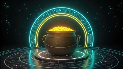 Futuristic pot of gold illuminated with neon lights, showcasing wealth and success against a cosmic digital backdrop
