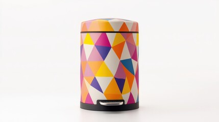 Fototapeta premium A designer trash can with a geometric pattern, placed on a smooth white background