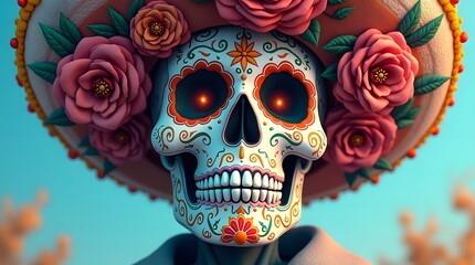 Obraz premium Colorful Sugar Skull with Floral Sombrero in a Desert Setting, Vibrant Día de los Muertos Calavera with Mexican Folk Art Design, Festive Sugar Skull with Decorative Sombrero and Bright Background