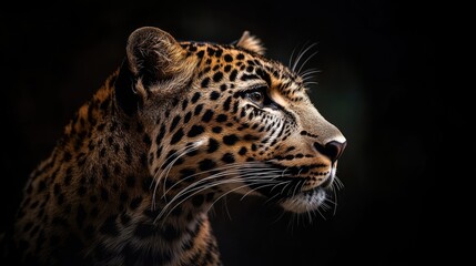 A focused shot of a leopard's face, light illuminating the spots against a black backdrop
