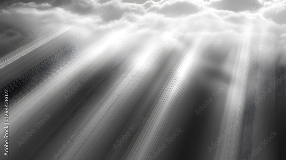 Poster radiant sunlight filtering through dark clouds creating a mystical atmospheric scene in black and wh
