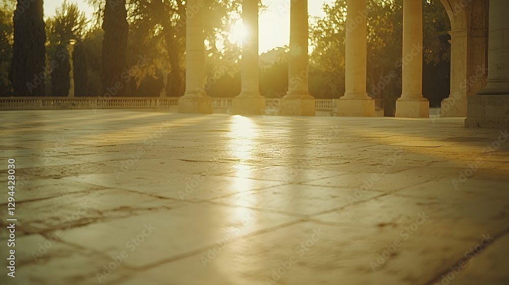 Poster sunlight streaming through columns in a serene outdoor space with stone flooring and lush trees in t