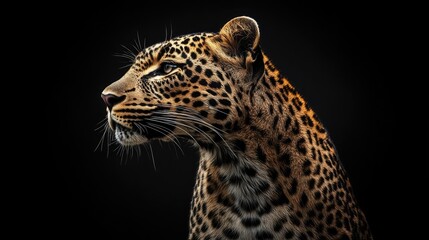 A full profile of a leopard with sharp details against the darkness of the black background