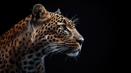 A full profile of a leopard with sharp details against the darkness of the black background