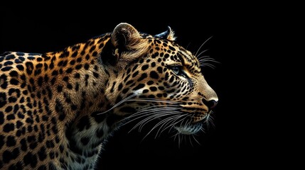 Obraz premium A full profile of a leopard with sharp details against the darkness of the black background