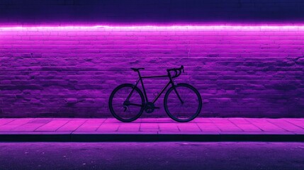 Fototapeta premium A glowing purple neon wall with a black road bike in perfect contrast