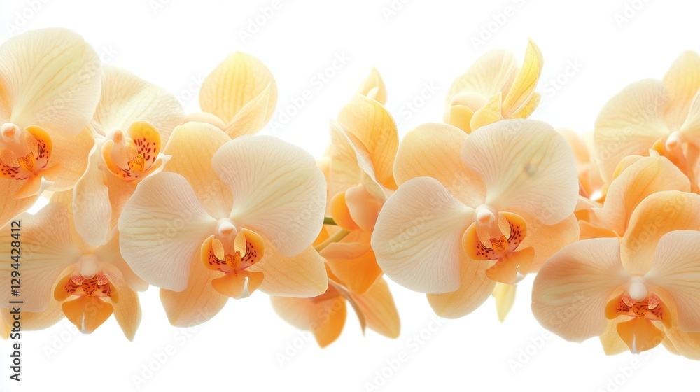 Poster close up of delicate peach orchids in full bloom against a bright white background creating a soft a