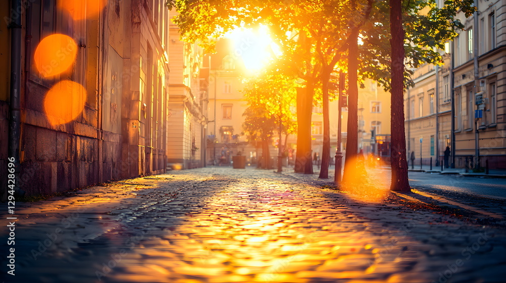 Poster sunlight streaming through trees illuminating cobblestone street with warm bokeh effects and peacefu