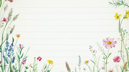 Photo of lined paper with watercolor flowers and wildflowers on the left side border, white background with written in cursive script at the center bottom