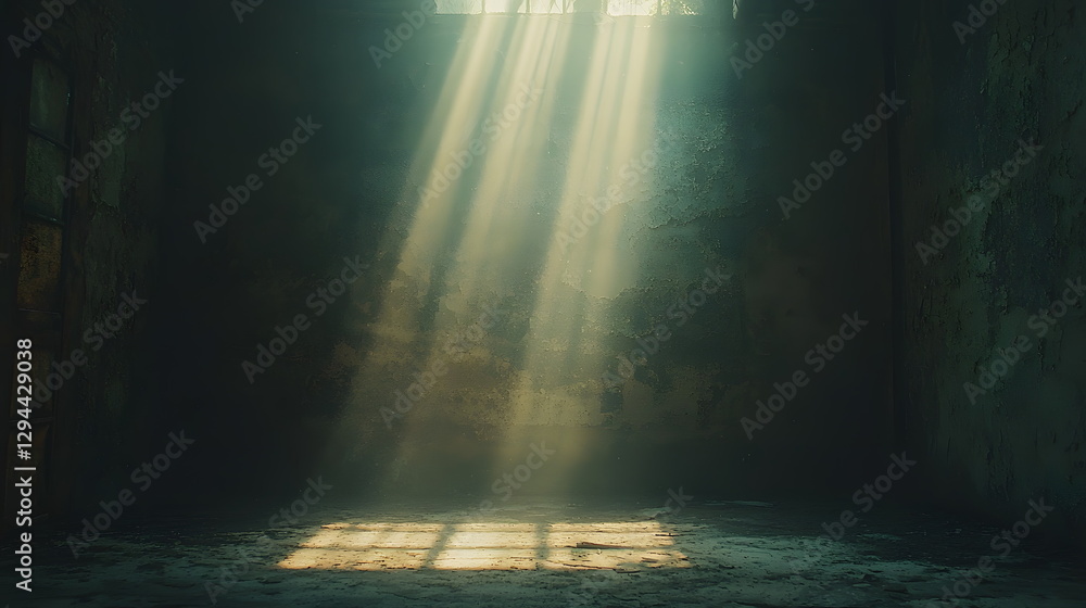 Poster sunlight streaming through a dusty window illuminating an abandoned room with worn walls and shadows