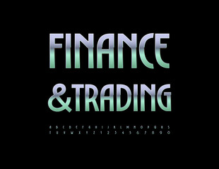 Vector Metallic emblem Finance and Trading. Elegant Steel Font. Cool Silver Alphabet Letters and Numbers set.