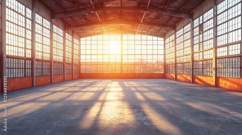 Poster sunlight streaming through large windows in an industrial space with an empty concrete floor and lon