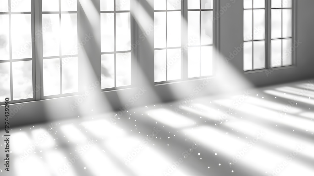 Aufkleber sunlight streaming through large windows creating soft shadows on a bright, airy indoor space with a