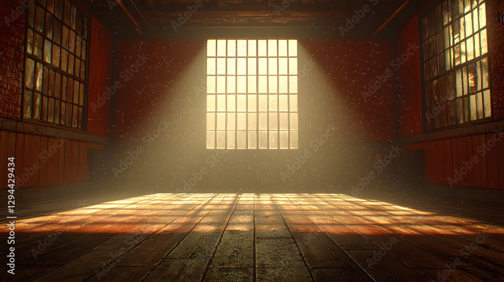 Poster sunlight streaming through large windows illuminating an empty room with a warm wooden floor and dus