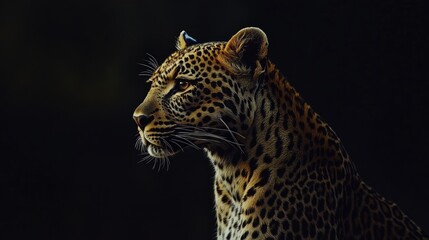 Fototapeta premium A head-on shot of a leopard with intense expression, the black background enhancing the details