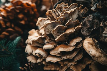 Fototapeta premium Maitake Mushrooms. Fresh Organic Fungal Edible Foodstuff on Brown Background